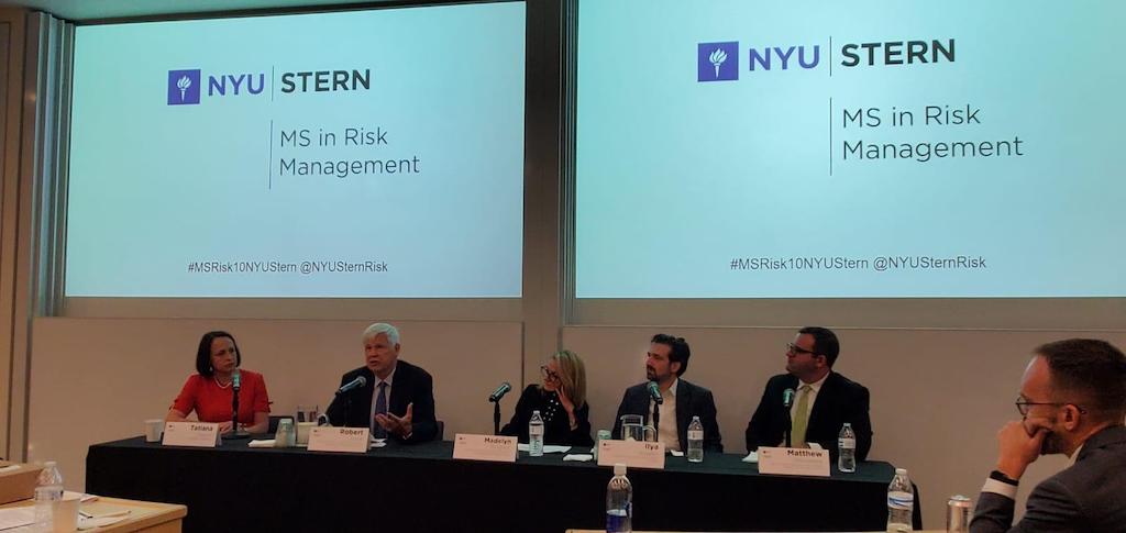 Dr. Madelyn Antoncic, CEO of the Global Algorithmic Institute, at the NYU MS in Risk Management Program 2019 Symposium (center). She was on the Climate Risk Panel, along with Nobel Laureate economist Robert F. Engle III (October 25, 2019)