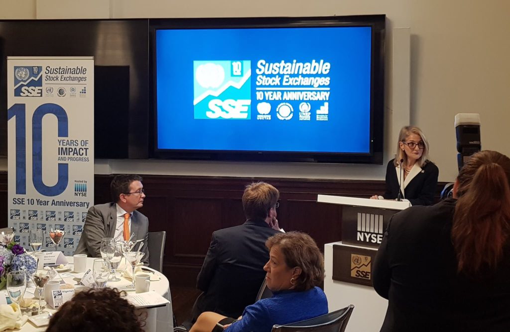 Dr. Madelyn Antoncic, CEO of the Global Algorithmic Institute, speaking at the New York Stock Exchange at the 10th anniversary of the Sustainable Stock Exchanges Initiative (SSE).
