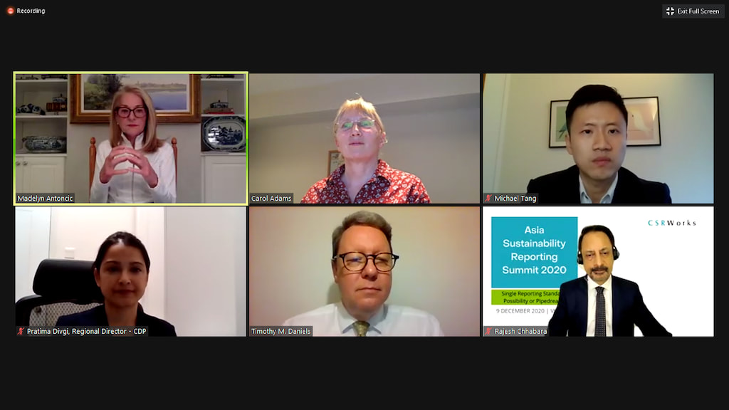 Dr. Madelyn Antoncic, CEO of the Global Algorithmic Institute, speaking at the Asia Sustainability Reporting Summit (Virtual) on 9 December 2020.